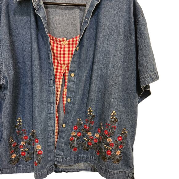 Cabin Creek Blue Floral Embroidered Short Sleeve Y2K Retro Denim Shirt Size 1X - Picture 3 of 9